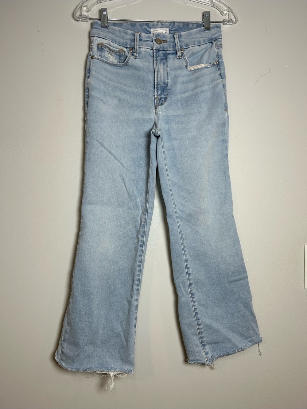 Good American good legs crop mini boot jeans light wash raw hem size 4/27